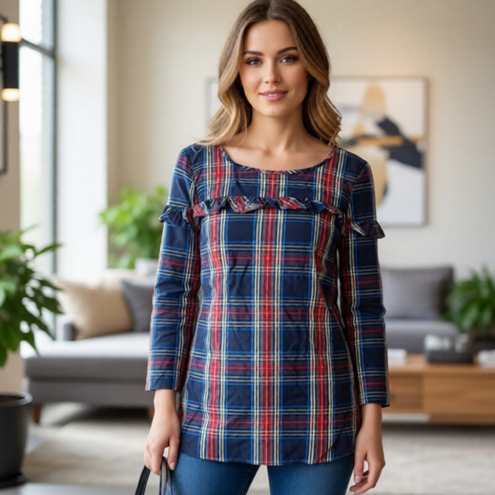 Talbots Plaid Ruffle Detail Women's Top blouse small